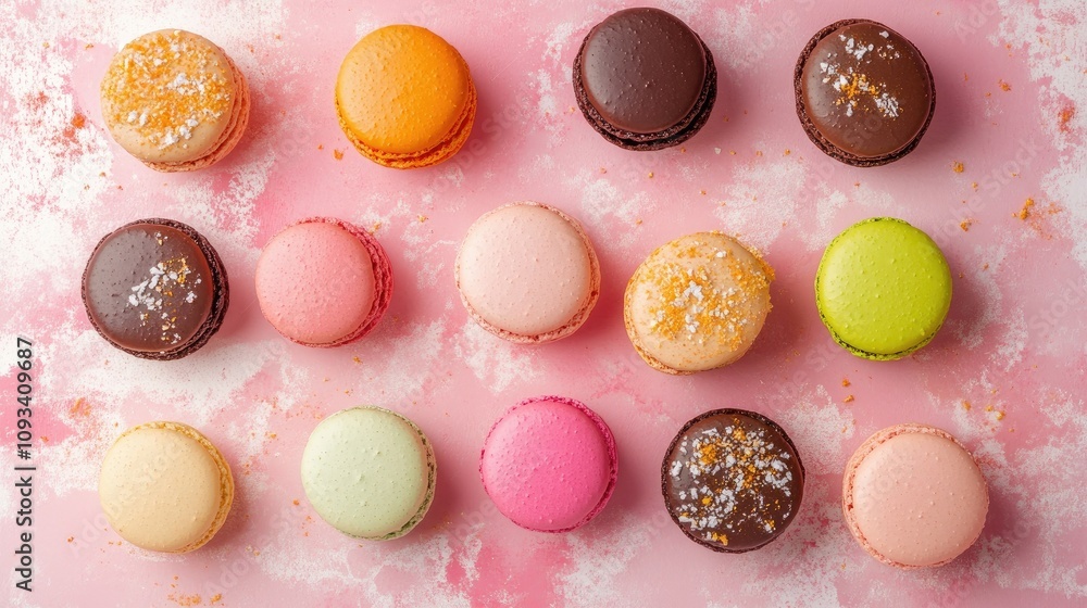 Obraz premium Colorful macarons arranged in a grid on a soft pink pastel background, showcasing varied flavors and textures from a top-down perspective.