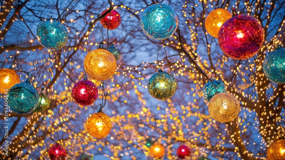 Vibrant Christmas ornaments hang amidst twinkling lights, creating a cheerful and festive atmosphere in a beautifully illuminated setting. Vibrant Christmas ornaments hang amidst twinkling lights, creating a cheerful and festive atmosphere in a beautifully illuminated setting.
