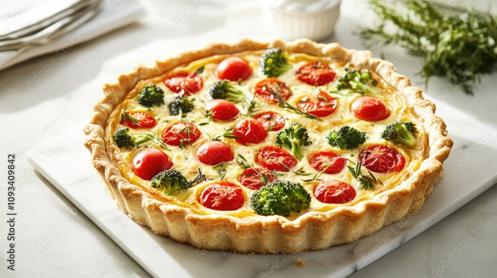 Vegetarian quiche baked with cherry tomatoes and broccoli on a rustic cutting board, highlighting healthy dining options with ample copy space. Vegetarian quiche baked with cherry tomatoes and broccoli on a rustic cutting board, highlighting healthy dining options with ample copy space.