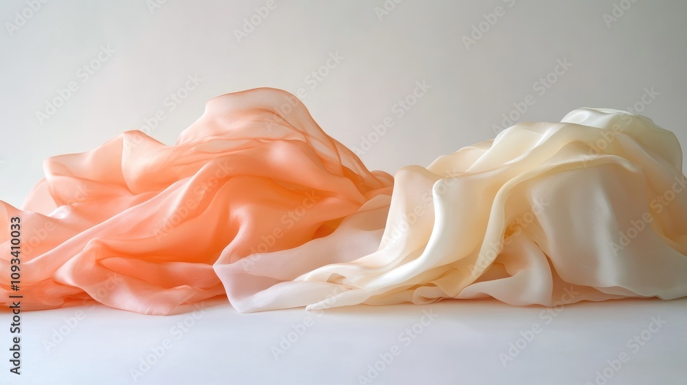 Pastel silk fabric in soft orange and cream hues draped gracefully, accentuating gentle folds and a flowing, delicate texture. Pastel silk fabric in soft orange and cream hues draped gracefully, accentuating gentle folds and a flowing, delicate texture.