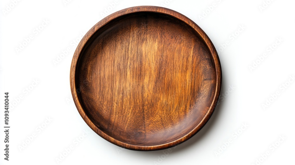 Round wooden plate on a white backdrop, showcasing a smooth, rich wood grain surface with a raised rim, viewed from a top-down perspective. Round wooden plate on a white backdrop, showcasing a smooth, rich wood grain surface with a raised rim, viewed from a top-down perspective.