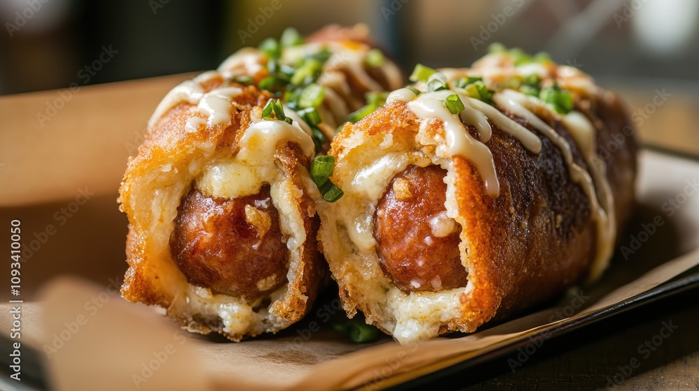 Crispy deep-fried Korean sausages coated in a flour crust and filled with melted cheese, topped with green onions and drizzled sauce for a savory street food delight. Crispy deep-fried Korean sausages coated in a flour crust and filled with melted cheese, topped with green onions and drizzled sauce for a savory street food delight.