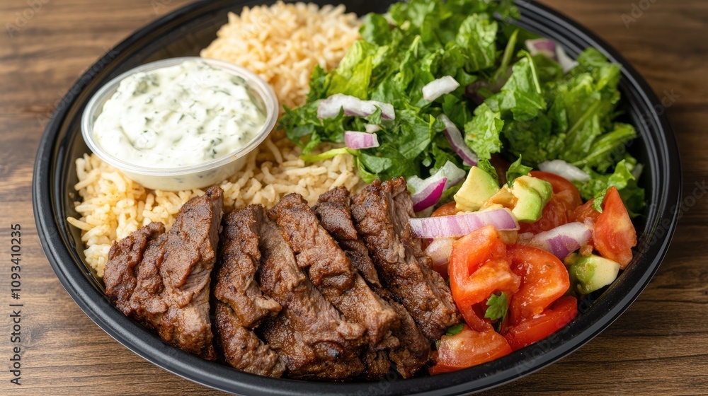 Gyros platter featuring succulent grilled meat served with fluffy rice, fresh green salad with tomatoes and avocado, and a side of creamy tzatziki sauce. Gyros platter featuring succulent grilled meat served with fluffy rice, fresh green salad with tomatoes and avocado, and a side of creamy tzatziki sauce.