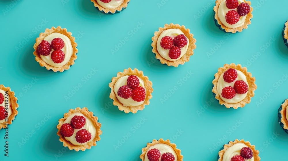 Colorful cream cheese and berry tartlets arranged on a turquoise table showcasing vibrant raspberries atop creamy filling in golden pastry shells Colorful cream cheese and berry tartlets arranged on a turquoise table showcasing vibrant raspberries atop creamy filling in golden pastry shells