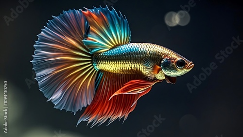 Vibrant betta fish with flowing fins, isolated on black background.