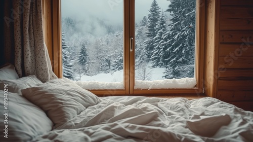 Serene cabin bedroom with rumpled bedding, offering a picturesque view of snow-covered trees and a tranquil winter landscape through a large window. photo