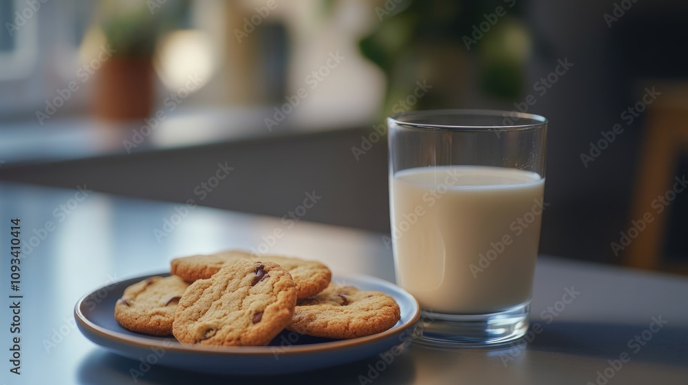 Freshly baked cookies on a white plate beside a glass of cold milk, elegantly placed on a sleek table within a modern kitchen setting. Freshly baked cookies on a white plate beside a glass of cold milk, elegantly placed on a sleek table within a modern kitchen setting.