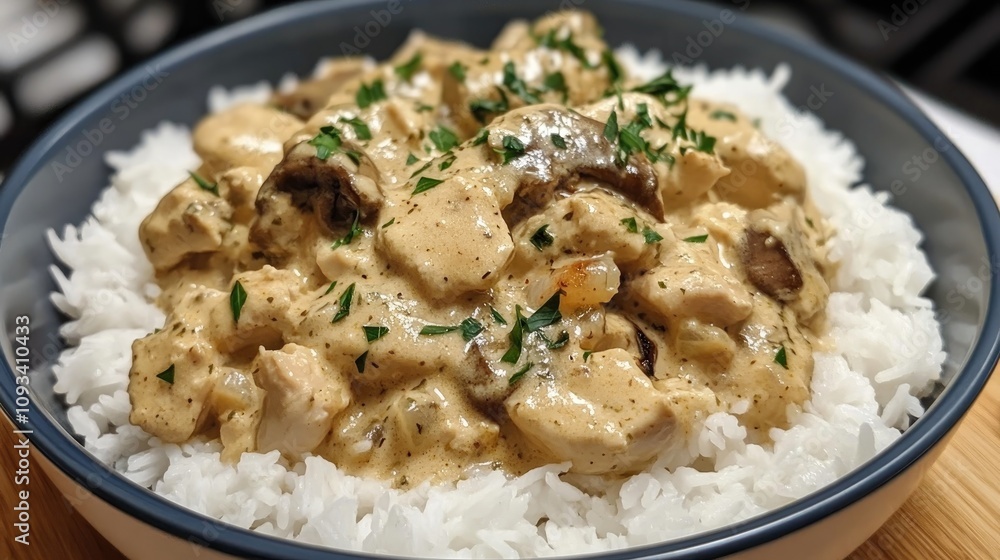 Creamy chicken stroganoff featuring tender chicken and mushrooms in a rich sauce, elegantly served over a bed of fluffy white rice. Creamy chicken stroganoff featuring tender chicken and mushrooms in a rich sauce, elegantly served over a bed of fluffy white rice.