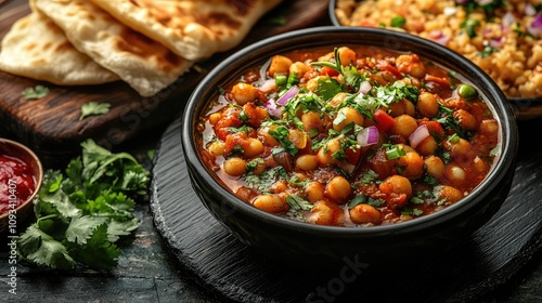 Vibrant bowl of chole bhature, featuring rich masala chickpeas and fresh garnishes, served with healthy bread chaat and naan on the side. photo