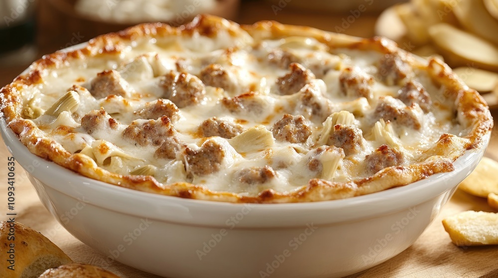 Creamy Italian sausage and artichoke dip in a white bowl with a golden brown crust, topped with melted mozzarella and served with crispy crackers. Creamy Italian sausage and artichoke dip in a white bowl with a golden brown crust, topped with melted mozzarella and served with crispy crackers.
