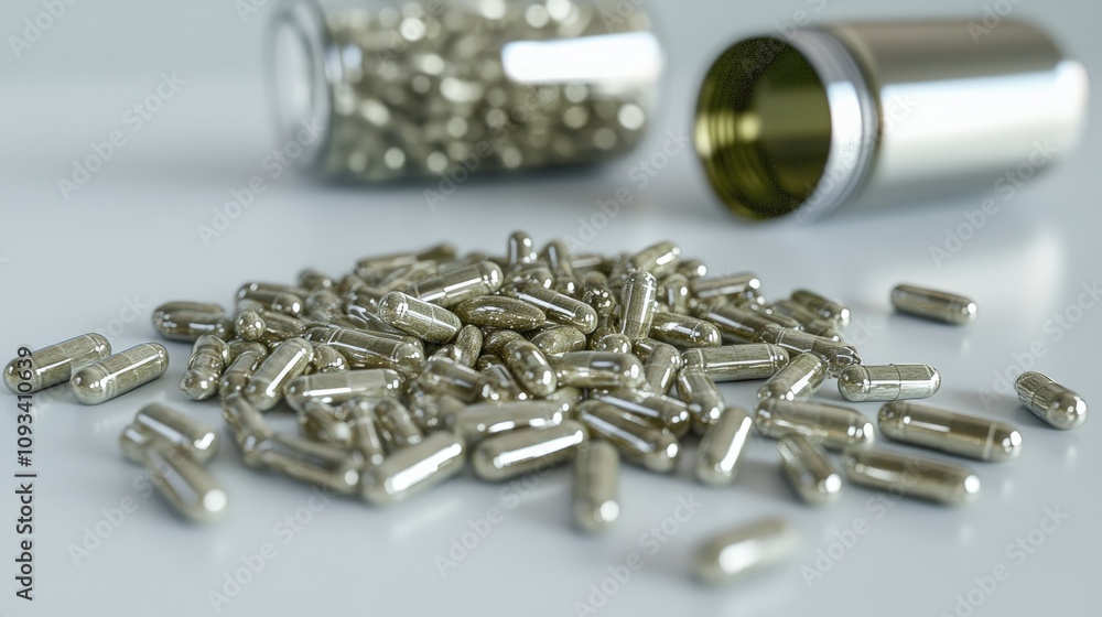 A handful of dietary supplement capsules scattered on a white surface with a pill bottle in the background. A handful of dietary supplement capsules scattered on a white surface with a pill bottle in the background.
