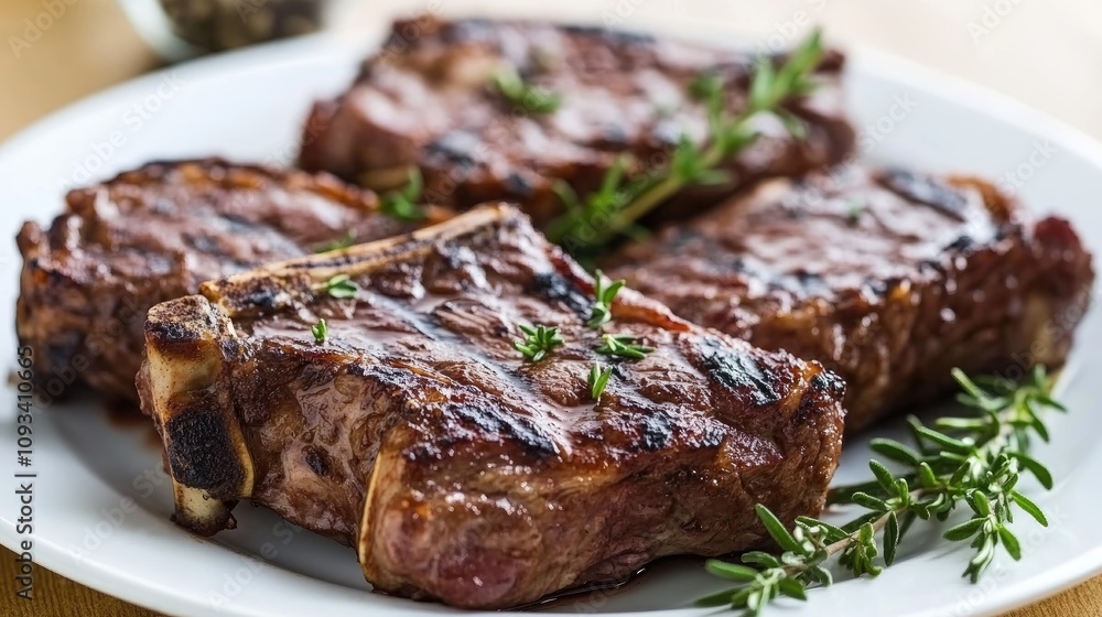 Grilled beef steaks arranged on a white plate, beautifully garnished with fresh rosemary and thyme, showcasing a rich caramelized crust. Grilled beef steaks arranged on a white plate, beautifully garnished with fresh rosemary and thyme, showcasing a rich caramelized crust.