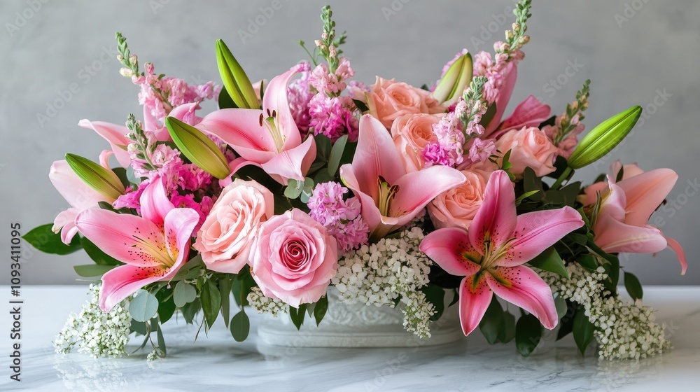 Elegant floral arrangement featuring pink roses, lilies, and delicate greenery on a polished marble surface, perfect for events and celebrations. Elegant floral arrangement featuring pink roses, lilies, and delicate greenery on a polished marble surface, perfect for events and celebrations.