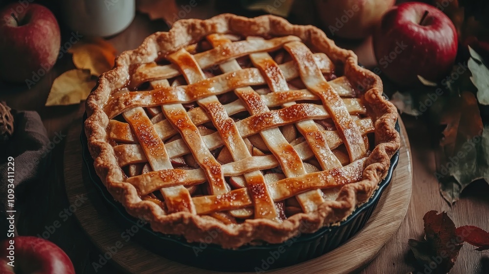Lattice-topped apple pie surrounded by fresh apples and autumn leaves, showcasing a golden brown crust and rich filling. Perfect for fall gatherings. Lattice-topped apple pie surrounded by fresh apples and autumn leaves, showcasing a golden brown crust and rich filling. Perfect for fall gatherings.