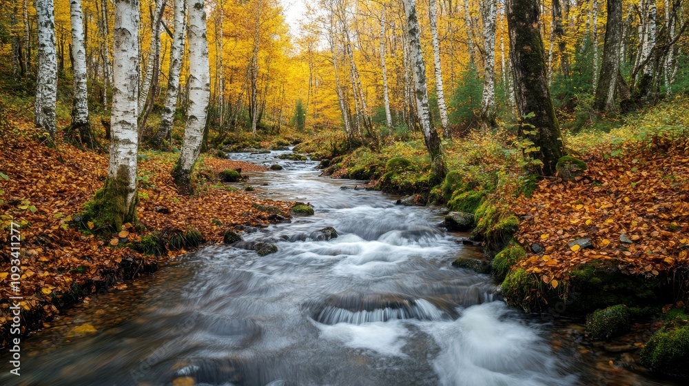 Obraz premium Autumnal Birch Forest Stream - Serene autumn scene, birch trees, flowing stream, golden leaves, peaceful nature. Symbolizes tranquility, autumn beauty, nature's peace, vibrant colors, woodland charm.