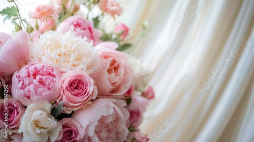 Fototapeta Naklejka Na Ścianę i Meble -  Bohemian wedding decor showcasing a lush bouquet of pink peonies and roses against luxurious beige satin drapes for a romantic atmosphere.