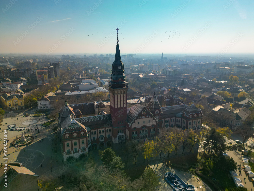 Subotica Town Hall Tower - Aerial Drone Shot, Subotica, Serbia, European City Subotica Town Hall Tower - Aerial Drone Shot, Subotica, Serbia, European City