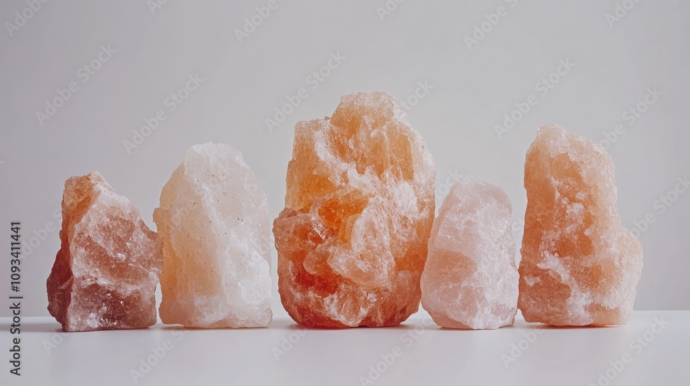Variety of Himalayan pink salt crystals arranged in a line, showcasing different shapes and shades against a clean white background. Variety of Himalayan pink salt crystals arranged in a line, showcasing different shapes and shades against a clean white background.