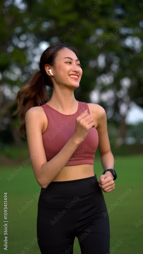 Vertical of happy fitness woman running outdoor in green city park, cheerful athlete girl enjoy jogging exercise routine in motivation healthy life concept. Vertical of happy fitness woman running outdoor in green city park, cheerful athlete girl enjoy jogging exercise routine in motivation healthy life concept.