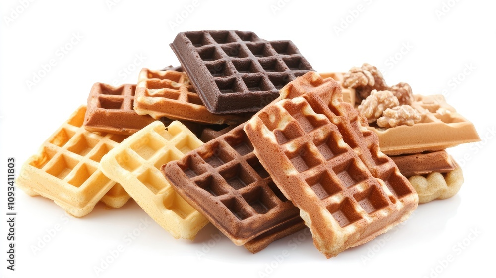 Assorted Belgian waffles in various flavors including dark chocolate, milk chocolate, and white chocolate, beautifully arranged with walnuts. Assorted Belgian waffles in various flavors including dark chocolate, milk chocolate, and white chocolate, beautifully arranged with walnuts.