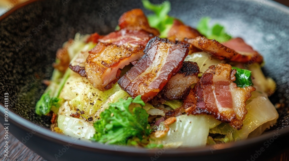 Crispy bacon pieces atop sautéed fresh cabbage and greens in a stylish black bowl, showcasing a delicious and savory dish. Crispy bacon pieces atop sautéed fresh cabbage and greens in a stylish black bowl, showcasing a delicious and savory dish.