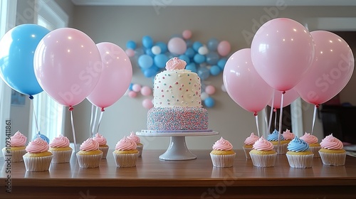 Vibrant gender reveal celebration cake table with pastel balloons, colorful cupcakes, and a beautifully decorated cake at the center