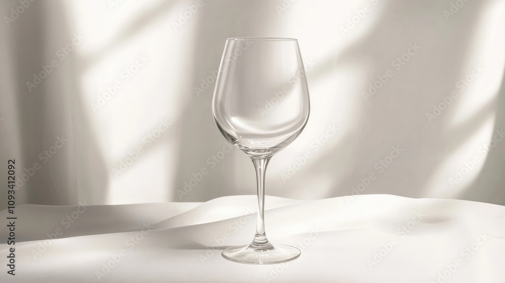 Elegant wine glass set against a soft white tablecloth with subtle light and shadow play, highlighting its clear contours and graceful stem. Elegant wine glass set against a soft white tablecloth with subtle light and shadow play, highlighting its clear contours and graceful stem.