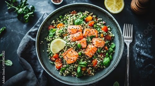 Vibrant quinoa and salmon tabbouleh salad with fresh herbs, cherry tomatoes, and lemon slices in a dark bowl, garnished with black sesame seeds.