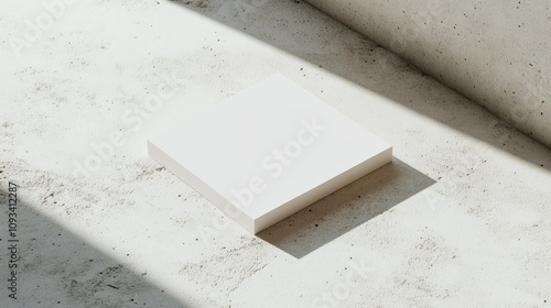Minimalist blank flyer or business card mockup positioned on a textured light concrete background with soft shadows and flat lay perspective.