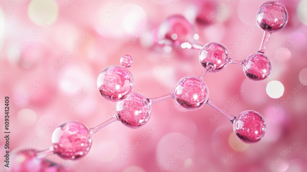 Pink spherical molecules representing cosmetic essence with antioxidant features, radiating a soft, sparkling background in shades of pink. Pink spherical molecules representing cosmetic essence with antioxidant features, radiating a soft, sparkling background in shades of pink.