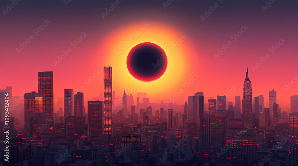 Fototapeta premium Cityscape with solar eclipse illustration. Solar Eclipse Horizon. Illustration