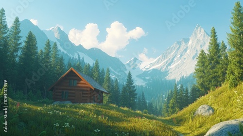 Serene wooden cabin surrounded by lush green meadows and towering mountains under a bright blue sky in a tranquil forest setting.