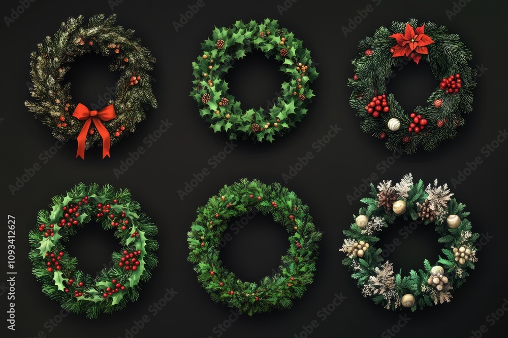Beautifully Illustrated Christmas Wreaths in Various Styles - Six stunning Christmas wreaths, showcasing diverse designs, colors, and festive elements. Perfect for holiday cards, decorations, and wint Beautifully Illustrated Christmas Wreaths in Various Styles - Six stunning Christmas wreaths, showcasing diverse designs, colors, and festive elements. Perfect for holiday cards, decorations, and wint