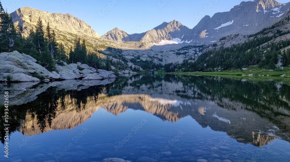 Tranquil mountain lake with crystal-clear waters reflecting majestic surrounding peaks and lush greenery in serene natural setting. Tranquil mountain lake with crystal-clear waters reflecting majestic surrounding peaks and lush greenery in serene natural setting.