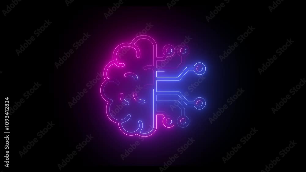 Human brain with tech icon. Neon icon with silhouette man head gears. Mental health concept. Abstract circuit brain animation on display . Human brain with tech icon. Neon icon with silhouette man head gears. Mental health concept. Abstract circuit brain animation on display .
