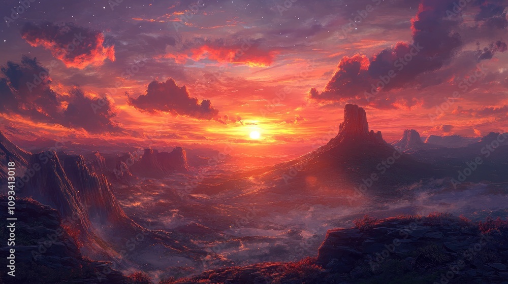 Fototapeta premium Vibrant sunset casting dramatic colors over a rugged mountain landscape with clouds illuminated in fiery hues, creating a breathtaking scenic view.