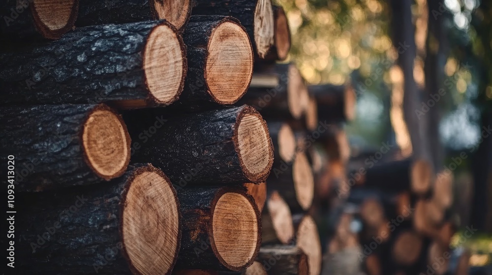 Stacked logs forming a rustic woodpile with smooth, circular ends, surrounded by lush greenery and soft sunlight filtering through trees. Stacked logs forming a rustic woodpile with smooth, circular ends, surrounded by lush greenery and soft sunlight filtering through trees.