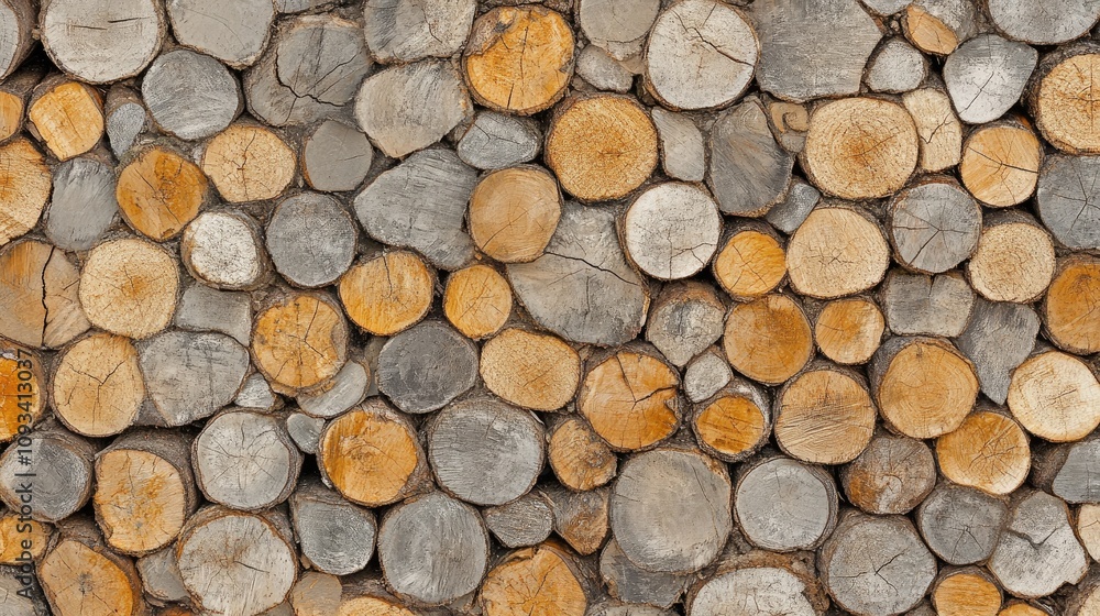 Stacked firewood logs featuring varying bark textures and circular cross-sections, perfect for carpentry projects and rustic decorative backgrounds. Stacked firewood logs featuring varying bark textures and circular cross-sections, perfect for carpentry projects and rustic decorative backgrounds.