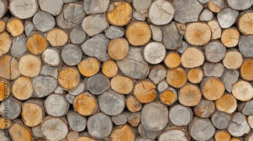 Stacked firewood logs featuring varying bark textures and circular cross-sections, perfect for carpentry projects and rustic decorative backgrounds.