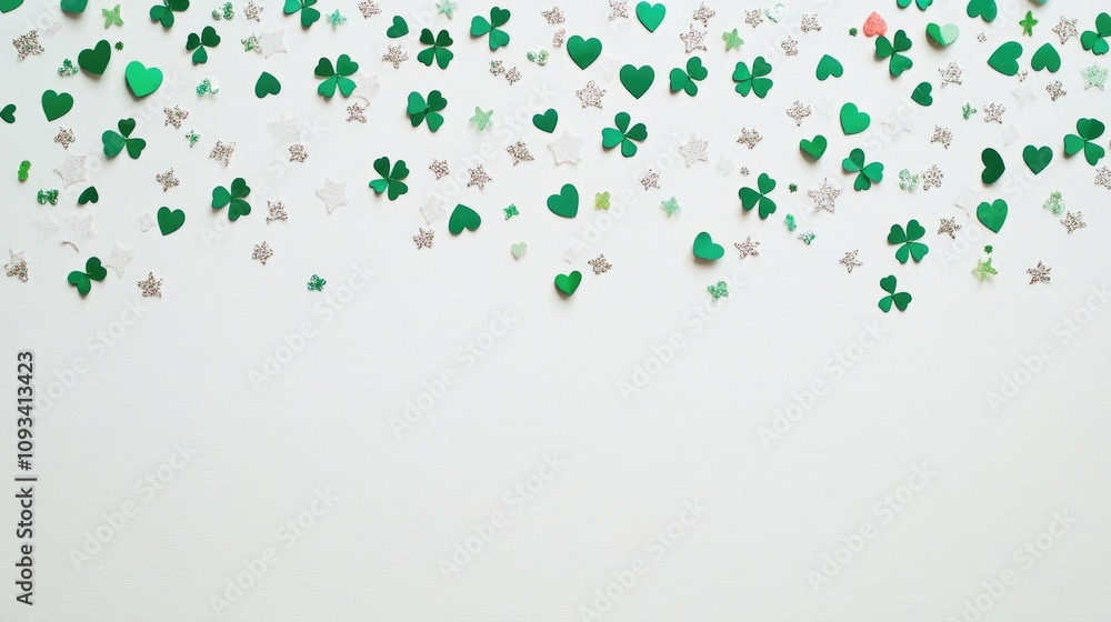 St Patrick's Day Flat Lay with Green Shamrock Symbols, Hearts, and Star Confetti on White Background for Festive Irish Celebration