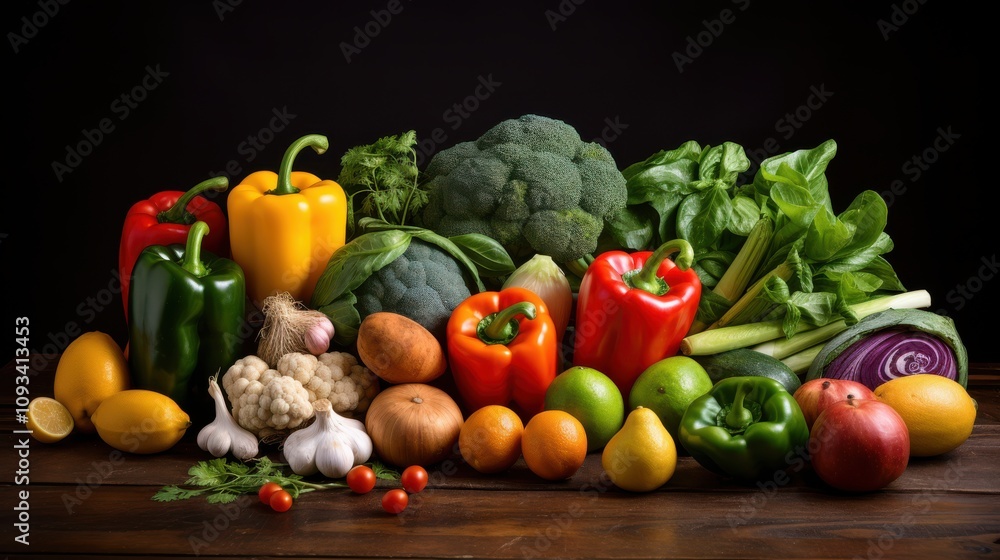 A vivid bounty of fresh vegetables, artfully arranged, bursts with color and freshness against a dark backdrop, epitomizing healthy abundance. A vivid bounty of fresh vegetables, artfully arranged, bursts with color and freshness against a dark backdrop, epitomizing healthy abundance.