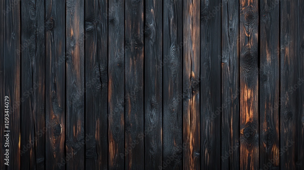Naklejka premium A weathered black wooden wall with subtle warm highlights, creating a rustic and textured feel.