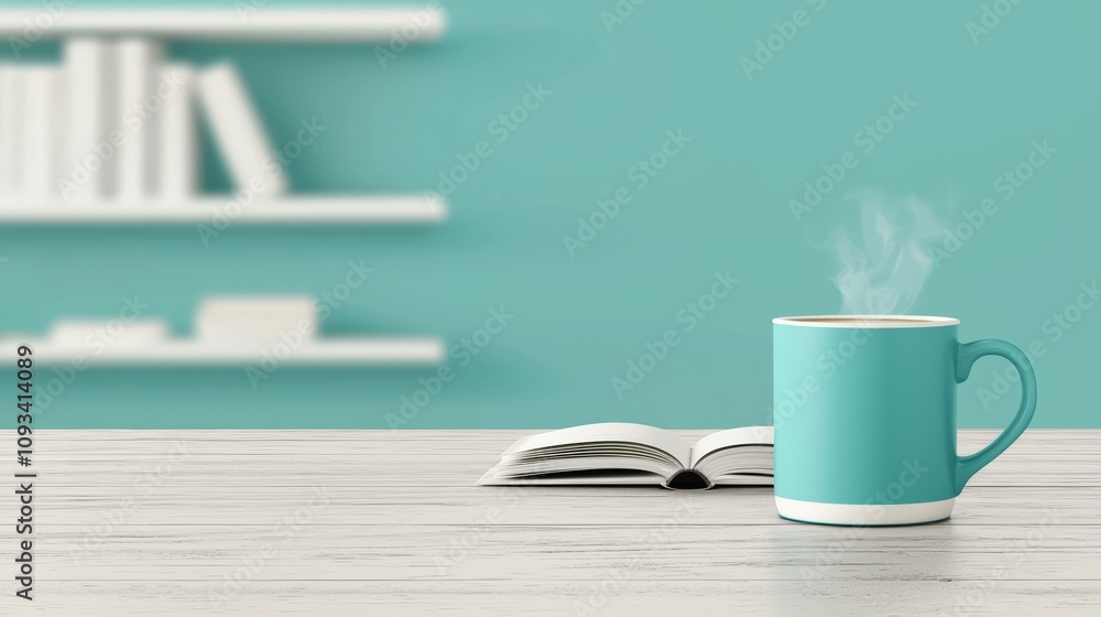 Steaming Coffee Mug and Open Book on Wooden Table with Blurred Bookshelf Background