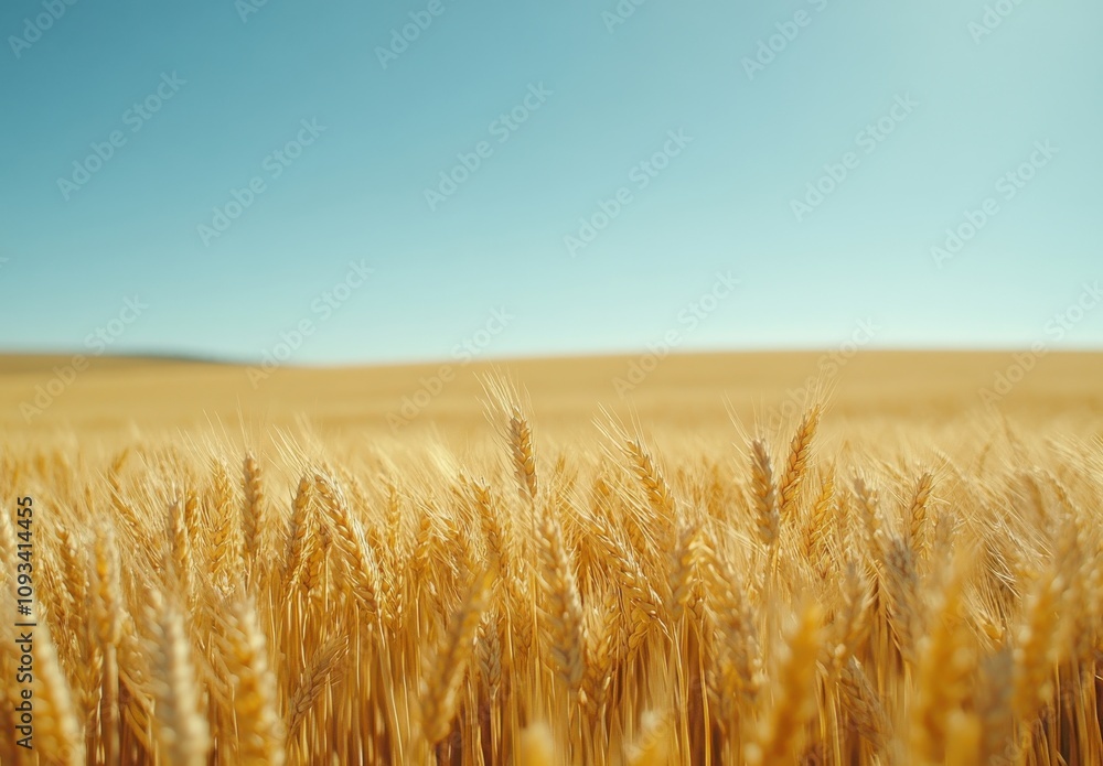 Golden Wheat Field Under Clear Blue Sky with Bright Sunlight Creating a Serene and Peaceful Agricultural Landscape in Rural Environment Golden Wheat Field Under Clear Blue Sky with Bright Sunlight Creating a Serene and Peaceful Agricultural Landscape in Rural Environment