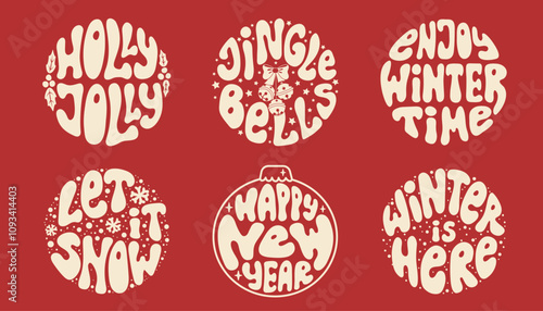 Collection retro groovy Christmas lettering. Festive quotes on red background. Round slogan in vintage style 60s 70s. Trendy groovy print design for background, posters, cards, tshirts.
