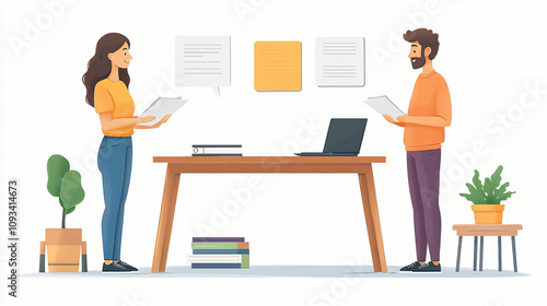 a man and a woman standing on either side of a desk, each holding papers.  They appear to be in an office setting, collaborating or reviewing documents.  The desk has a laptop, books, and potted plant