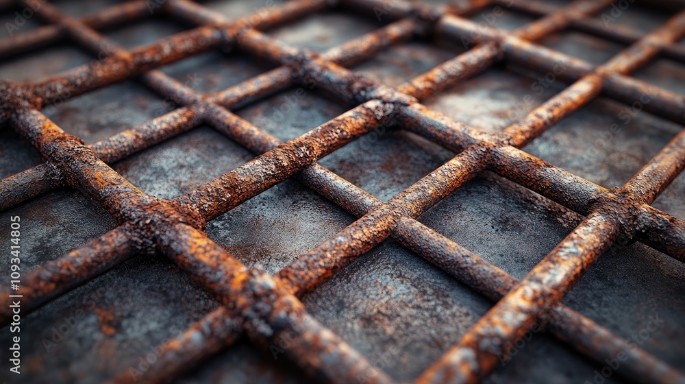 Rusty iron rebar grid on a textured concrete surface presenting an abstract industrial design with intricate patterns and weathered details Rusty iron rebar grid on a textured concrete surface presenting an abstract industrial design with intricate patterns and weathered details
