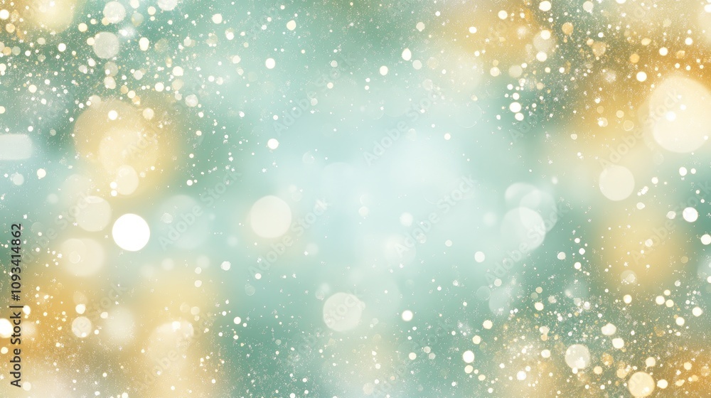 Obraz premium Shimmering mint green abstract backdrop with dreamy glitter sparkles and soft light bokeh, creating a luxurious festive atmosphere.