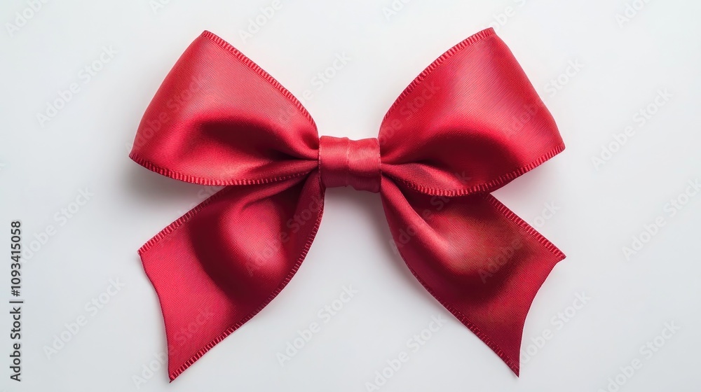 Luxurious red satin ribbon tied into a perfect bow on a pristine white background showcasing its smooth texture and vibrant color. Luxurious red satin ribbon tied into a perfect bow on a pristine white background showcasing its smooth texture and vibrant color.
