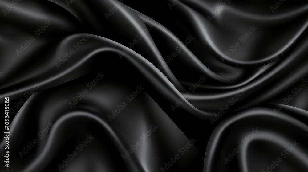 Fototapeta premium Elegant folds of smooth black satin fabric creating a luxurious, dramatic background.